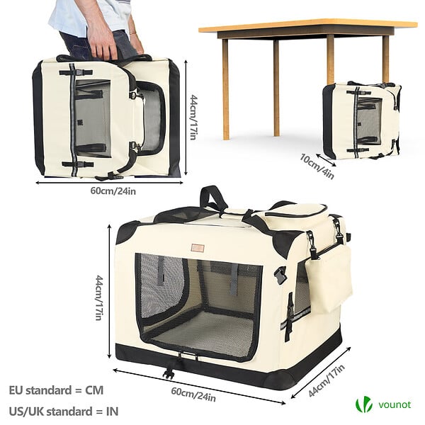 VOUNOT - Sac transport pliable chien chat caisse cage portable 60x44x44cm beige - large