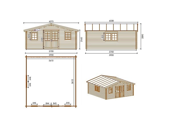 ALTANKA - Abri de jardin en bois - 34.8m2 - 5.9x5.9m - Traité - Ep. 45mm - Couleur: marron - DOM656 - large