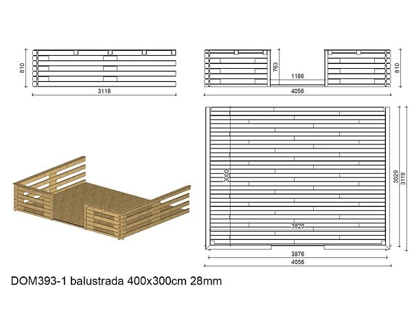 ALTANKA - Terrasse en bois avec balustrade pour abri en bois - 12m2 - 4m x 3m - couleur: naturel - DOM393 - large