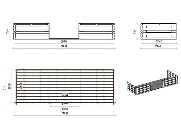 ALTANKA - Terrasse en bois avec balustrade pour abri en bois - 12m2 - 6m x 2m - couleur: naturel - DOM555 - large