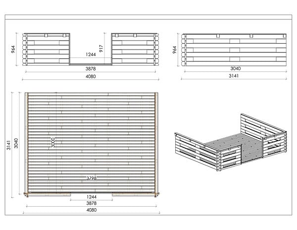 ALTANKA - Terrasse en bois avec balustrade pour abri en bois - 12m2 - 4m x 3m - couleur: naturel - DOM548 - large