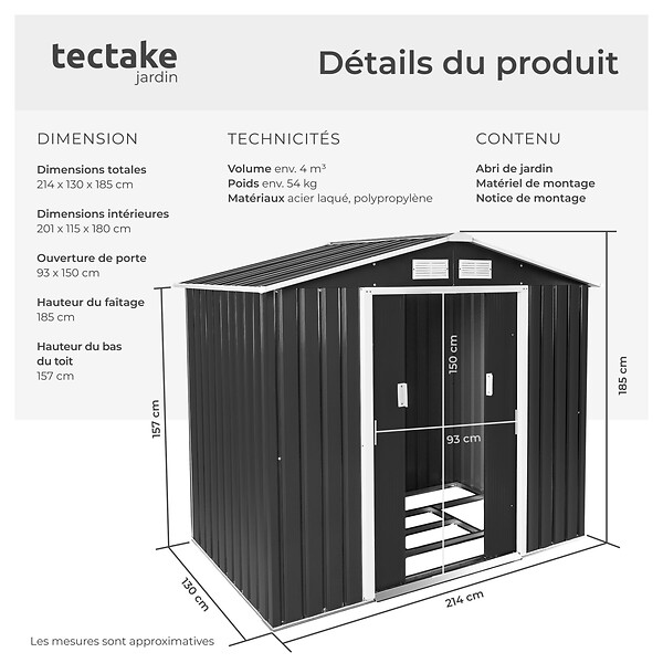 TECTAKE - Abri de jardin métal 2,7 m² toiture 2 pans gris/blanc - large