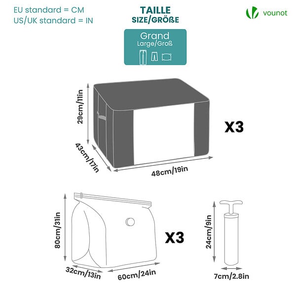 VOUNOT - Lot de 7 sac de rangement sous vide Non Tisse XXL gris - large