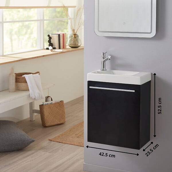 GODART - Meuble Lave-mains Noir mat pour robinet à gauche Solo - large