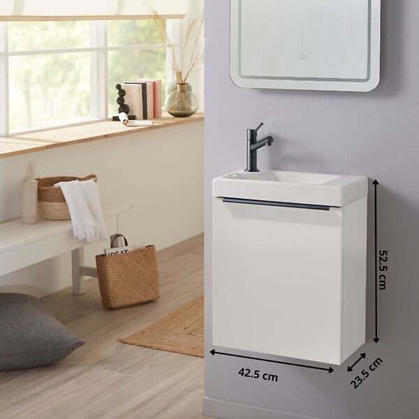 GODART - Pack lave-mains Blanc Mat avec poignée noire et vasque - Robinetterie Eau froide à gauche - L.42.5 X H. 52.5 cm - Hamac 2 - large