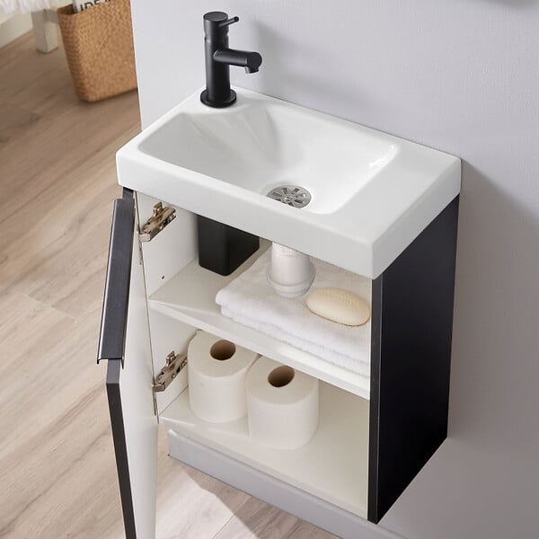 GODART - Pack lave-mains Noir Mat avec poignée noire et lave-mains - Robinetterie Eau froide à gauche - L.42.5 X H. 52.5 cm - Hamac 2 - large