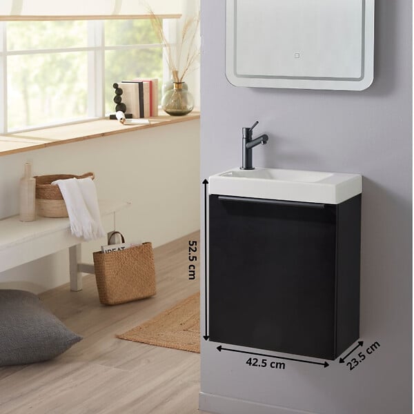 GODART - Pack lave-mains Noir Mat avec poignée noire et lave-mains - Robinetterie Eau froide à gauche - L.42.5 X H. 52.5 cm - Hamac 2 - large