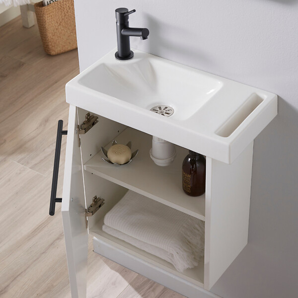 GODART - Meuble lave mains avec porte serviette blanc et noir avec robinet noir - large