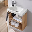 GODART - Pack lave-mains Bois Strié avec poignée noire et lave-mains - Robinetterie Eau froide à gauche- L.42.5 X H.52.5 cm - Hamac 2 - vignette