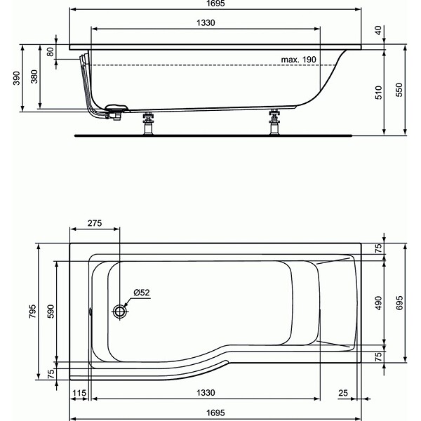 IDEAL STANDARD - IDEAL STANDARD Baignoire Connect air 170 X 80 avec Pare Bain asymétrique droite - large
