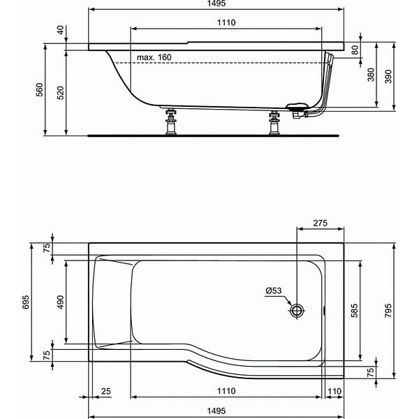 IDEAL STANDARD - IDEAL STANDARD Baignoire Connect air 150 X 80 avec Pare Bain asymétrique gauche - large
