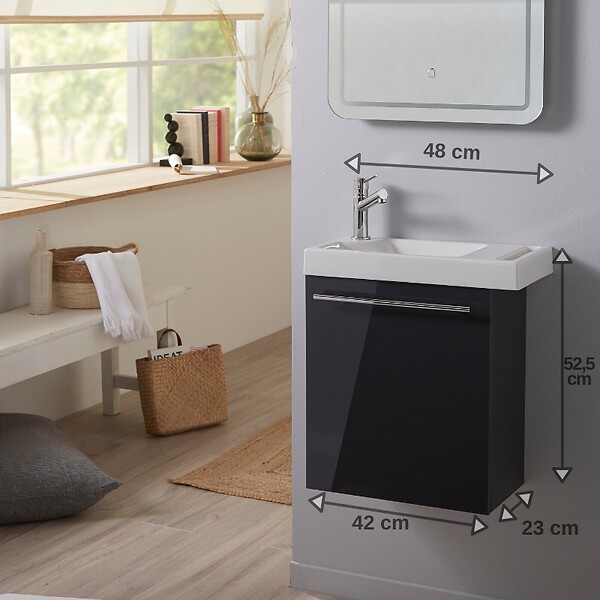 PLANETE BAIN - Ensemble lave-mains tout compris anthracite avec robinetterie eau froide - large