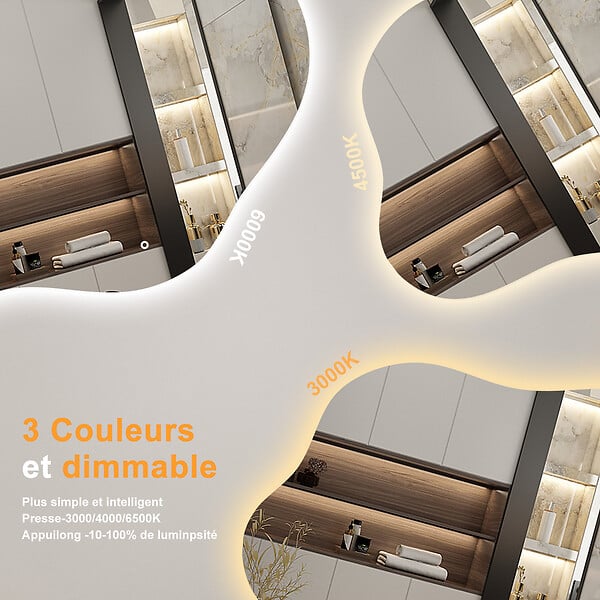 AICA SANITAIRE - AICA Miroir salle de bain asymétrique 60 x 50 cm LED Éclairage réglable en 3 couleurs + anti-buée + mémoire - large