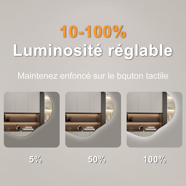 AICA SANITAIRE - AICA Miroir salle de bain asymétrique 60 x 50 cm LED Éclairage réglable en 3 couleurs + anti-buée + mémoire - large