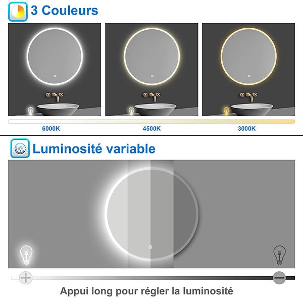 AICA SANITAIRE - AICA Miroir de salle de bain rond 120x120cm LED tricolore anti-buée + mémoire + dimmable - large