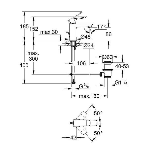 GROHE - Grohe Dice mitigeur monocommande de lavabo à levier avec vidage, noir mat (1018562430) - large