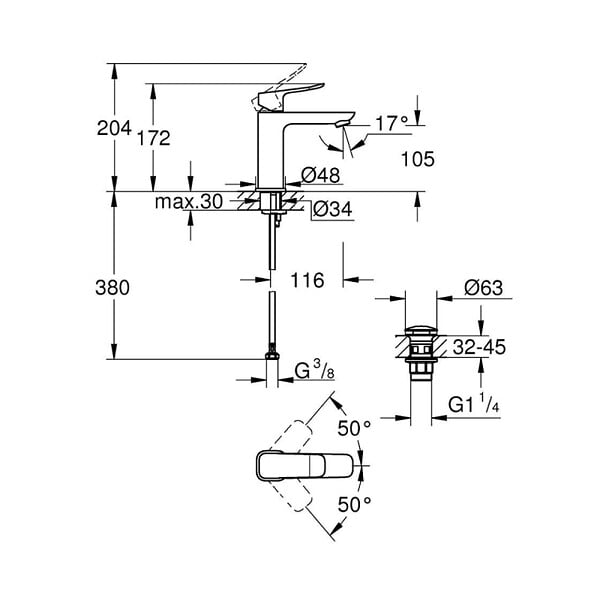 GROHE - Grohe Dice mitigeur monocommande de lavabo à levier avec vidage Clic-Clac, chrome brillant (1018330000) - large