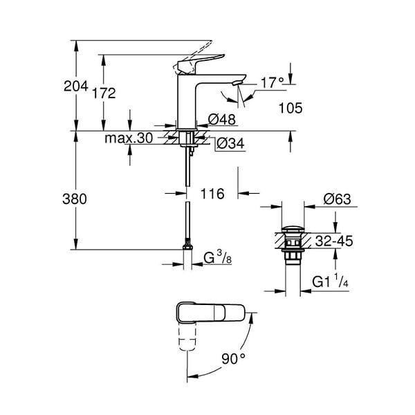 GROHE - Grohe Dice mitigeur monocommande de lavabo à levier avec vidage Clic-Clac, chrome brillant (1018360000) - large