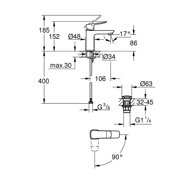 GROHE - Grohe Dice mitigeur monocommande de lavabo à levier avec vidage Clic-Clac, chrome brillant (1018610000) - large