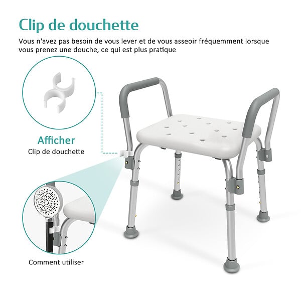 EMKE - EMKE Chaise de Douche Réglable 6 Positions – Tabouret de Bain Antidérapant avec Accoudoirs Amovibles, Charge Max 136 kg - large