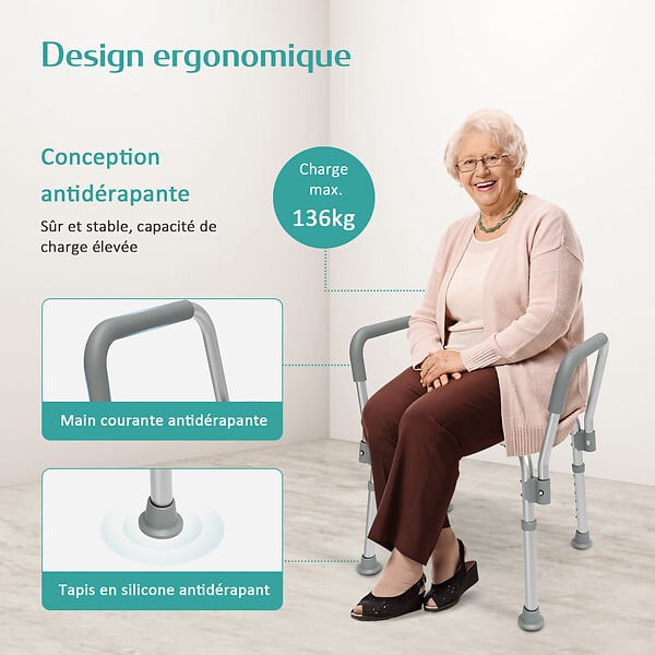EMKE - EMKE Chaise de Douche Réglable 6 Positions – Tabouret de Bain Antidérapant avec Accoudoirs Amovibles, Charge Max 136 kg - large
