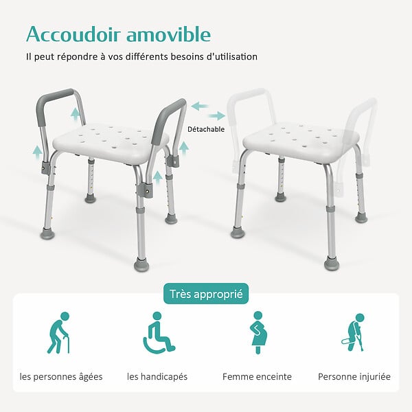 EMKE - EMKE Chaise de Douche Réglable 6 Positions – Tabouret de Bain Antidérapant avec Accoudoirs Amovibles, Charge Max 136 kg - large