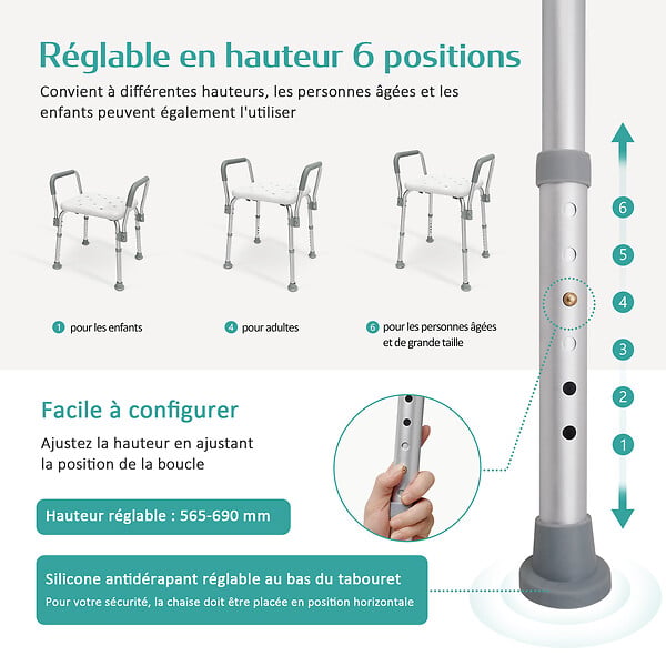 EMKE - EMKE Chaise de Douche Réglable 6 Positions – Tabouret de Bain Antidérapant avec Accoudoirs Amovibles, Charge Max 136 kg - large