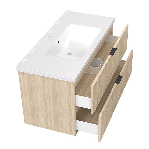 AICA SANITAIRE - AICA Meuble de salle de bain mural 100 cm Chêne - 2 tiroirs + Lavabo Céramique - large