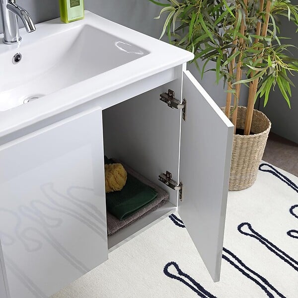 KIAMAMI VALENTINA - Meuble Salle De Bain 60 Cm Portes Blanc Brillant Avec Lavabo Et Miroir Avec Lampe  | Benaco - large