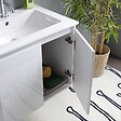 KIAMAMI VALENTINA - Meuble Salle De Bain 60 Cm Portes Blanc Brillant Avec Lavabo Et Miroir Avec Lampe  | Benaco - vignette
