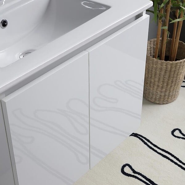 KIAMAMI VALENTINA - Meuble Salle De Bain 60 Cm Portes Blanc Brillant Avec Lavabo Et Miroir Avec Lampe  | Benaco - large