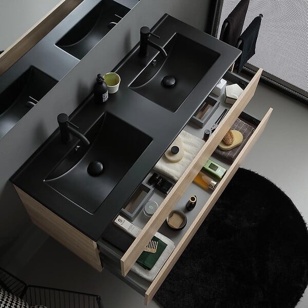 KIAMAMI VALENTINA - Meuble Salle De Bains Suspendu 120Cm Chêne Avec Lavabo Noir, Miroir Et Lampe | Berlin - large