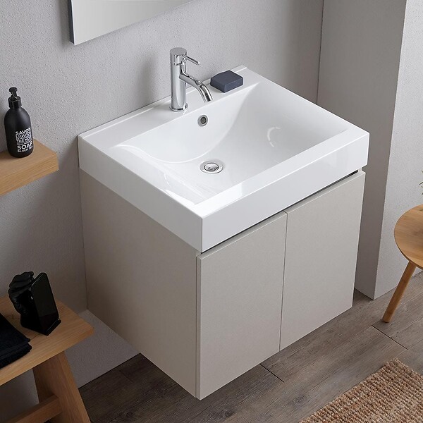 KIAMAMI VALENTINA - Meuble De Salle De Bains Suspendu 60Cm Portes Gris Perle, Lavabo, Miroir Et Lampe | Valentina - large