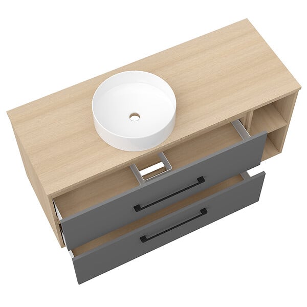 AICA SANITAIRE - AICA Ensemble Meuble Salle de Bain 120 cm et Vasque Ronde en Céramique, Tiroirs à Fermeture Douce - Anthracite + Chêne - large