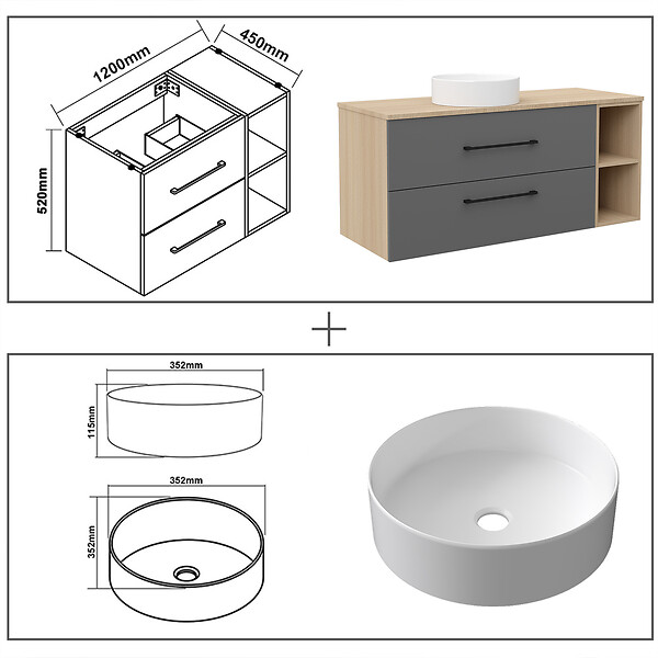 AICA SANITAIRE - AICA Ensemble Meuble Salle de Bain 120 cm et Vasque Ronde en Céramique, Tiroirs à Fermeture Douce - Anthracite + Chêne - large