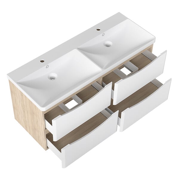 AICA SANITAIRE - AICA Ensemble Meuble Salle de Bain Suspendu 120cm, Blanc + Chêne, Moderne, Grand Tiroir - large