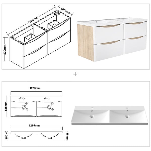 AICA SANITAIRE - AICA Ensemble Meuble Salle de Bain Suspendu 120cm, Blanc + Chêne, Moderne, Grand Tiroir - large