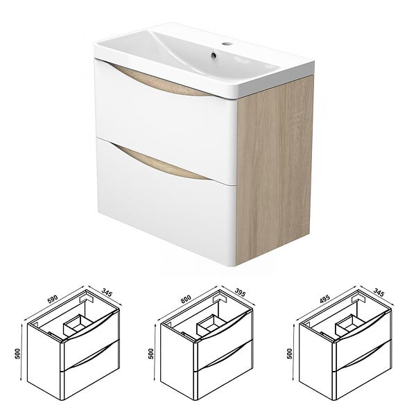 AICA SANITAIRE - AICA Ensemble Meuble Salle de Bain Suspendu 120cm, Blanc + Chêne, Moderne, Grand Tiroir - large