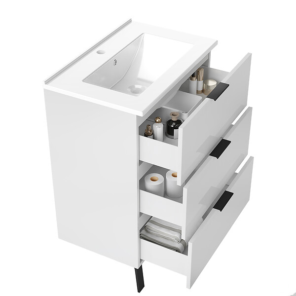 AICA SANITAIRE - AICA Meuble de salle de bain mural avec pieds 60 cm Blanc - 3 tiroirs, lavabo céramique, Panneau AICA Sanitaire - large