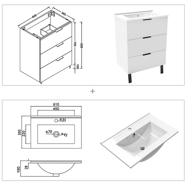 AICA SANITAIRE - AICA Meuble de salle de bain mural avec pieds 60 cm Blanc - 3 tiroirs, lavabo céramique, Panneau AICA Sanitaire - large