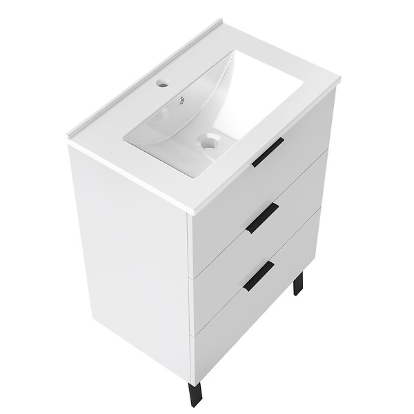 AICA SANITAIRE - AICA Meuble de salle de bain mural avec pieds 60 cm Blanc - 3 tiroirs, lavabo céramique, Panneau AICA Sanitaire - large