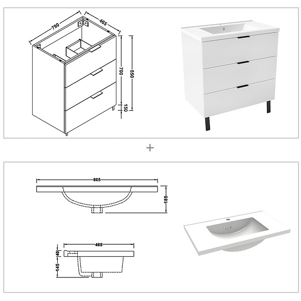 AICA SANITAIRE - AICA Meuble de salle de bain mural avec pieds 80 cm Blanc - 3 tiroirs + Lavabo Céramique - large