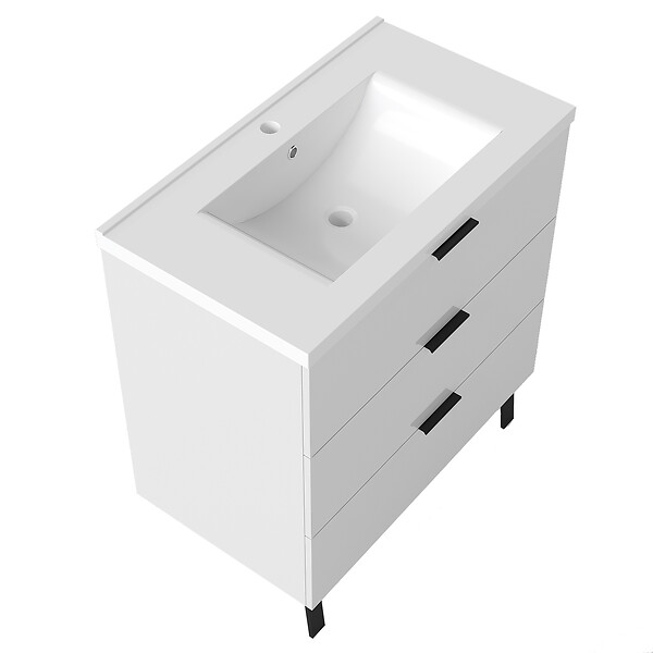 AICA SANITAIRE - AICA Meuble de salle de bain mural avec pieds 80 cm Blanc - 3 tiroirs + Lavabo Céramique - large