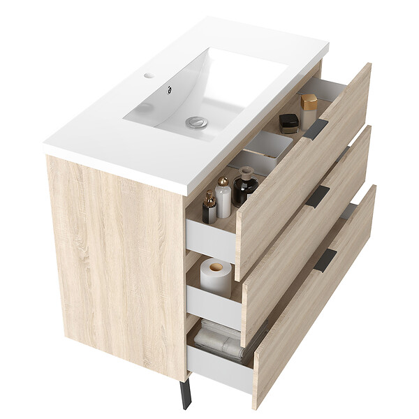 AICA SANITAIRE - AICA Meuble de salle de bain mural avec pieds Chêne 100 cm - 3 tiroirs, lavabo inclus - large
