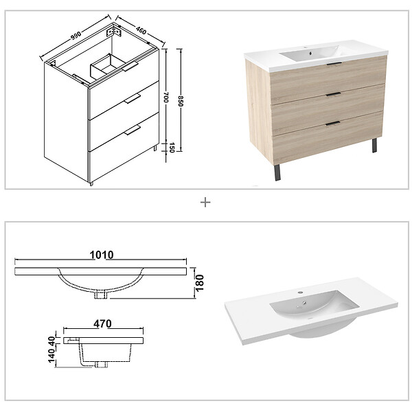 AICA SANITAIRE - AICA Meuble de salle de bain mural avec pieds Chêne 100 cm - 3 tiroirs, lavabo inclus - large