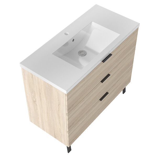 AICA SANITAIRE - AICA Meuble de salle de bain mural avec pieds Chêne 100 cm - 3 tiroirs, lavabo inclus - large