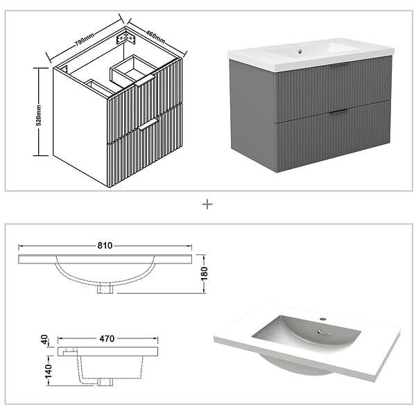 AICA SANITAIRE - AICA Meuble de salle de bain mural Anthracite 80 cm - 2 tiroirs, lavabo inclus - large