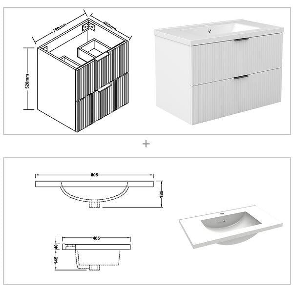 AICA SANITAIRE - AICA Meuble de salle de bain mural 80 cm Blanc - 2 tiroirs + Lavabo Céramique - large