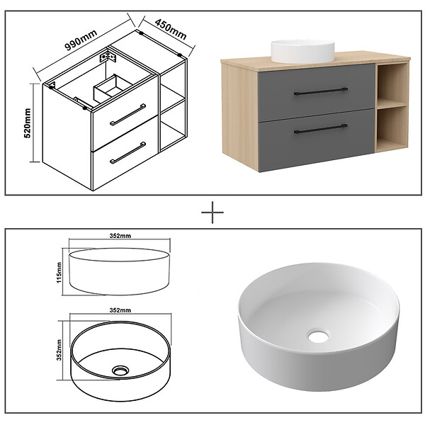 AICA SANITAIRE - AICA Ensemble Meuble Salle de Bain 100 cm et Vasque Ronde en Céramique, Tiroirs à Fermeture Douce - Anthracite + Chêne - large