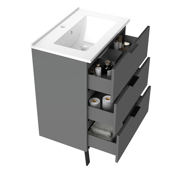 AICA SANITAIRE - AICA Meuble de salle de bain mural avec pieds 60 cm Anthracite - 3 tiroirs, lavabo céramique, Panneau AICA Sanitaire - large